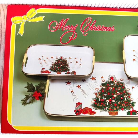 Vintage Asahi Trading Co 3 Piece Lacquerware Tray Set Merry Christmas Made Japan - Picture 4 of 13